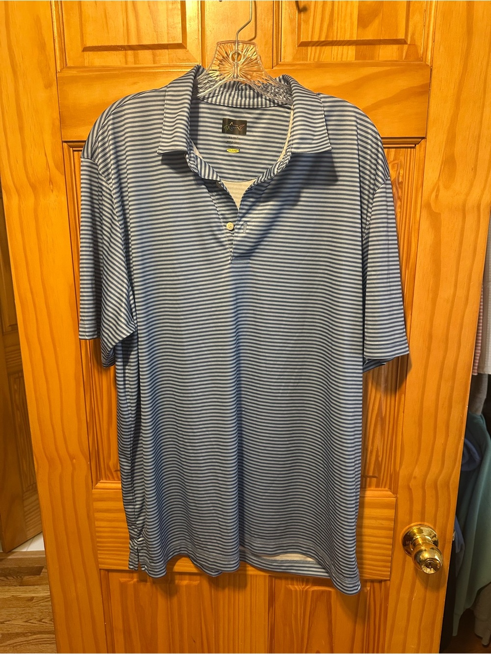 Greg Norman Collection Light Blue and White Thin-Strip Polo